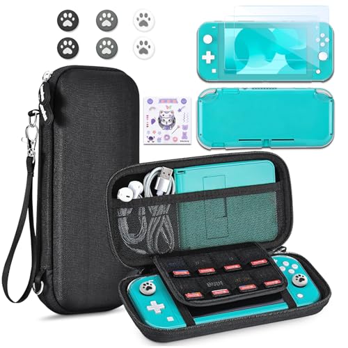 innoAura Switch Lite Case 12-in-1 Accessories Bundle for NS Switch Lite (2019), with Protective Carrying Case, Hand Strap, Screen Protector & Cute Thumb Grips, Black - color: Black, size: for Switch Lite (2019)
