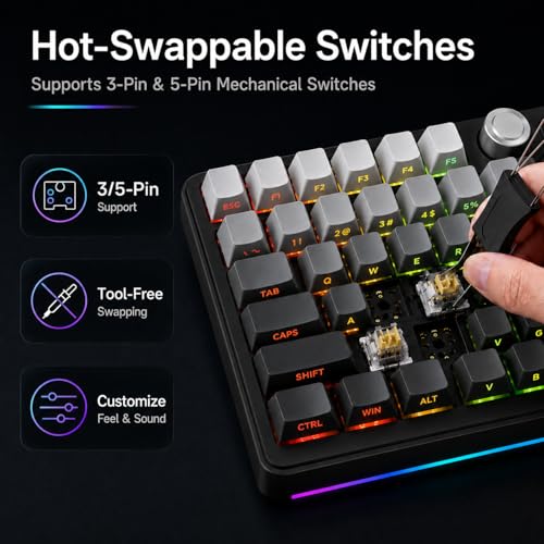 AOC GK330 75% Wireless Mechanical Gaming Keyboard, Hot-Swappable 3-Mode RGB | BT/2.4GHz/USB-C Connectivity, Pre-Lubed Reaper Switches, Anti-Ghosting, Gasket Mount and 5-Layer Sound-Dampening Padding
