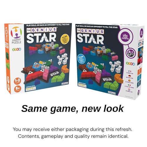 The Happy Puzzle Company The Genius Star | Toy of The Year Award Winning Family Board Game | 165,888 Possible Puzzles | Filling in Colored Shapes | Blockers to Complete A Star | Golden Star Twist