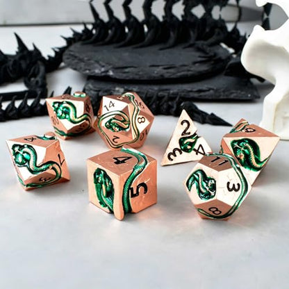 RULE DICE Serpent's Embrace Metal DND Dice Set - 7pc Polyhedral D&D Dice for TTRPGs Like Dungeons and Dragons and Pathfinder - Emerald Green Snake Design, Heavy & Balanced for Tabletop Gaming - color: Ld-rose Gold