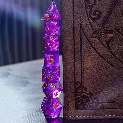 Resin DND Dice Set, (Purple-Warlock) 7 Pieces Handmade Sharp Edge Polyhedral Dice, Designed for Dungeons & Dragons, MTG, Role Playing Game, Dice Gift for D&D RPG DM and Players - color: Purple