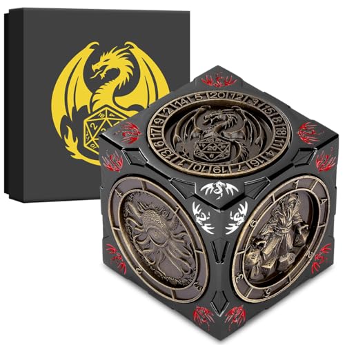 DND Spinner Dice, 7-in-1 Metal Dice Set, 3D Relief Design, DND Polyhedral Rotating Game Dice, D&D Gifts with Dragon Logo Gift Box, RPG, Role Playing Board Game Accessories, Black - color: Gold + Dark Grey