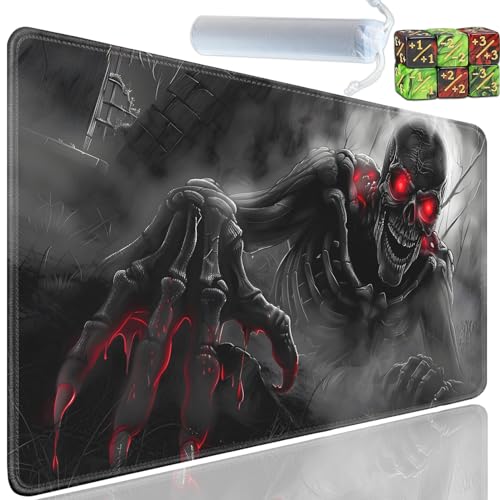 Playmat for MTG, 24x14 Inches Playmats, for TCG and CCG Trading Card Game Mat, Non-Slip Rubber for MTG Playmats with A Storage Bag and 6 Dice Set, Dark Skull with Red Eyes Pattern - color: Yu-Playmat-1-E129