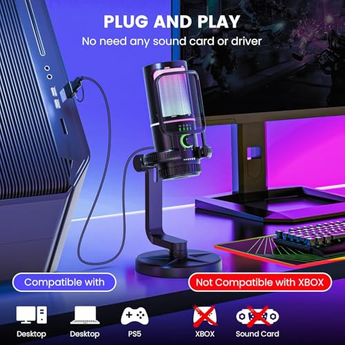Gaming Microphone with Noise Cancelation & Gain Control | USB PC Mic for Streaming, Gaming, Podcasts, PS4 -Includes Pop Filter, Shock Mount, Quick Mute & RGB Lighting