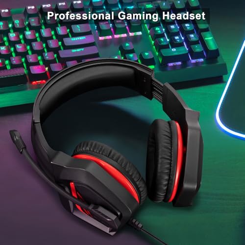 Stereo Wired Gaming Headset for PS4 PS5 New Xbox One Controller PSP PC Laptop Tablet, Over Ear 3.5mm Port Headphones with Mic, Bass Surround, Soft Memory Earmuffs,Red&Black