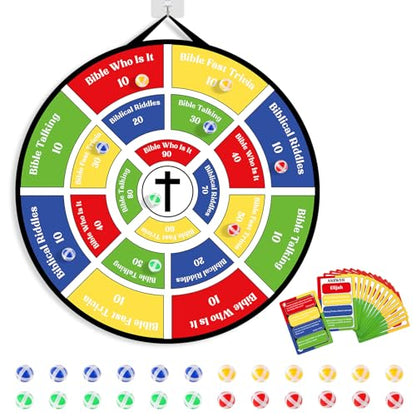 gisgfim 29" Large Faith Darts Bible Interactive Game 66 Trivia Cards with 264 Questions & 24 Sticky Balls, Christian Supplies for Church, Disciples, Sunday, Birthday Gift, Family