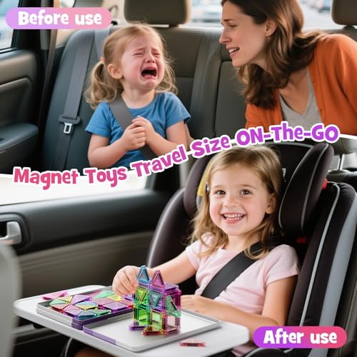 WMDXU Mini Magnetic Tiles Girls: Travel Building Set with Iron Box for 3+ | 42PCS On-the-Go Travel Toy, Strong Magnets Hold Tiles Upside Down without Falling, Iron Box Storage, for Girls 3-8 - style: Mini Magnetic Tiles