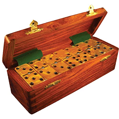 Marion Domino Double Six Gold Marbleized Jumbo Tournament Professional Size with Spinners in Dovetail Sheesham Wood Box. - color: Gold