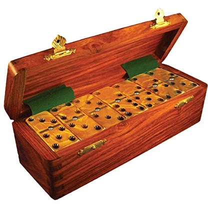 Marion Domino Double Six Gold Marbleized Jumbo Tournament Professional Size with Spinners in Dovetail Sheesham Wood Box. - color: Gold