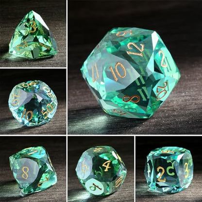 DNDND 7-Piece Glass Dice - Multifaceted Colorful DND Dice, Tabletop Gaming, Collectors | Premium Gift Box & Durable Design (Green and Blue) - color: Green and Blue