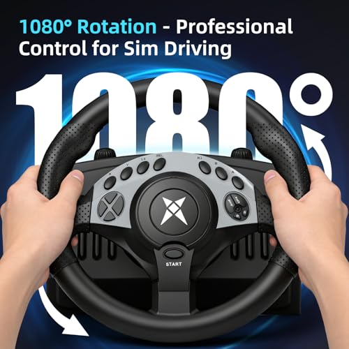 NBCP PC Racing Wheel - 1080 Degree 28CM 11" Steering Wheel with 3-Pedals and H-Shifter - Magnetic Induction & Metal Bearings, Sim Driving Wheel for Euro Truck Simulator 2, Farming Sim, Windows PC - color: Black with Metal Pedal
