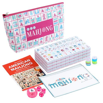 160 Pink Printed American Mahjong Game Set with Carrying Bag and Accessories, 1.2’’ Mahjong Tiles Set - style: 3-Pink