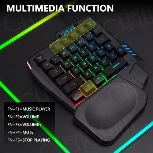 CHONCHOW One Handed Gaming Keyboard, 35 Keys, Rainbow LED, Wired USB, Ergonomic with Wrist Rest, Mini Portable, PS4/PS5/Xbox/PC/Laptop Compatible