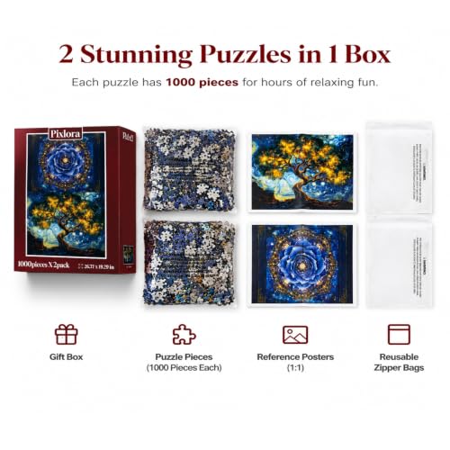 1000 Piece Puzzle for Adults, 2 Pack Botanical and Cosmic Plant Theme, Starry Rose and Tree Design, Challenging Jigsaw Puzzles for Game Night, Ideal for Plant Lovers - style: Astral&Cosmotree