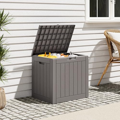 Outdoor Storage Box, Resin Deck Boxes Indoor and outdoor, Waterproof Storage Box Lockable Lid (Grey,31 Gallon) - color: Striped Grey, style: 31 Gallon