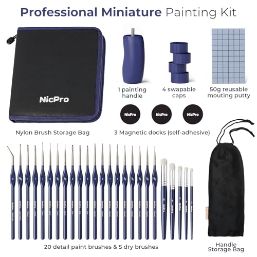 Nicpro Professional Miniature Painting Kit - 25PCS Miniature Paint Brushes Drybrush with Magnetic Painting Handle, Model Paint Brushes for Miniatures, Model, Craft, Acrylic Painting, with Nylon Bag - color: Blue