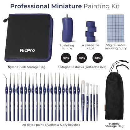 Nicpro Professional Miniature Painting Kit - 25PCS Miniature Paint Brushes Drybrush with Magnetic Painting Handle, Model Paint Brushes for Miniatures, Model, Craft, Acrylic Painting, with Nylon Bag - color: Blue