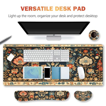 Desk Mat Set, Mouse Pad with Wrist Rest Support + Keyboard Wrist Rest + Large Mouse Pad + Coaster, Extended Gaming Mousepad Combo, Retro Flower Plant - color: Retro Flower Plant