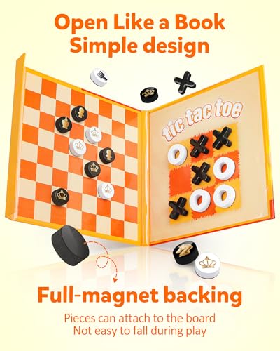 Coogam Magnetic Travel Chess Board Game, 3 in 1 Tic-Tac-Toe Checkers Set, Indoor Outdoor Activity Travel Toy Gift for Family Friends Party Favor