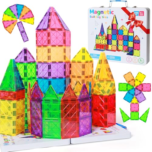 Premium Magnetic Tiles 100pcs: Durable STEM Building Blocks Kids 3-8 | Iron case with handle, lid as play base. 7.5cm tiles, sealed, ASTM & CPSIA safe. Montessori STEM for preschool. Gift 3-8 - size: 100 PCS