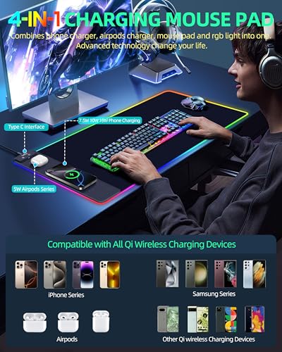 Wireless Charging Mouse Pad, RGB Gaming Desk Mat, 31.5"x15.7" | Large Desk Pad, 13 Light Modes, Ultra-Smooth Surface, Non-Slip Base, Waterproof Computer Keyboard Mat for PC, Laptop, Black - color: Black