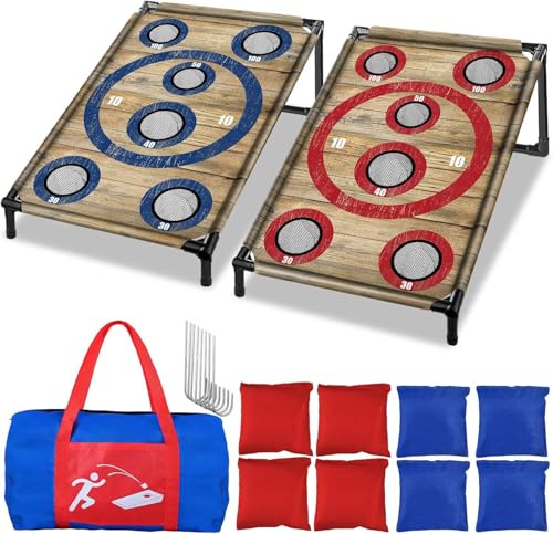 NZQXJXZ Portable Cornhole Board Set with 8 Bean Bags Corn Hole Toss Game Cornhole Games for Indoor and Outdoor Parties, Ideal for Kids, Adults, Camping Travel,Parties,Beach, Yard - style: Wood Grain Style
