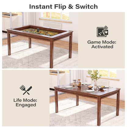 Board Game Table with Removable Table Top, 54” x 31” Play Area, Gaming and Dining Table with 2 Play Mats, Detachable Cup Holders and Trays for 6 Players, for Card, DND and Poker, Walnut - size: REC w/Two Mats