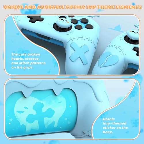 PlayVital Gothic Imp Series Cute Silicone Case for Nintendo Switch Pro Controller with 4 Thumb Grip & 2 Sticker, Non-Slip Anti-Scratch Protective Silicone Skin Cover - Aqua Blue - color: Aqua Blue