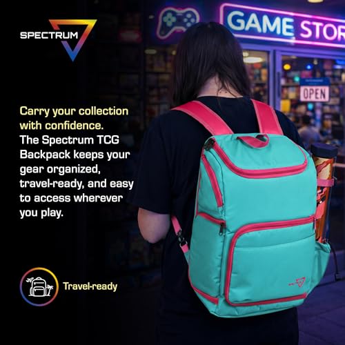 BCW Spectrum TCG Backpack | Holds 7–9 Prism Deck Cases | Configurable Storage for Cards & Gear | Playmat Strap & Side Pocket | Durable & Travel-Friendly Design | Cyber Pink/Teal - color: Cyber Pink/Teal