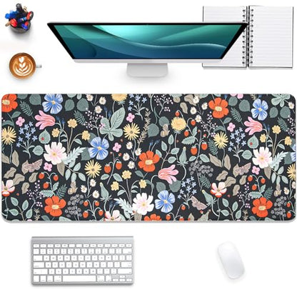 Strawberry Flowers Mouse Pad Desk Pad,Extended Gaming Mouse Mat with Stitched Edges Non-Slip Waterproof Rubber Base Mous Mat for Office,Computer,Keyboard,Laptop and Home Desk Pad(27.5X11.8 in) - color: Flowers and Strawberries