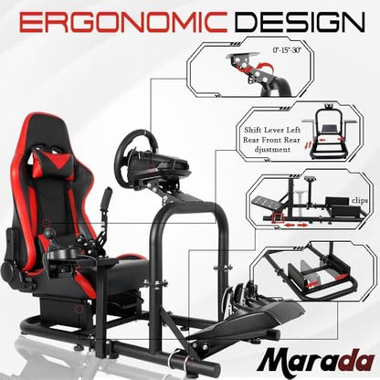 Marada Racing Simulator Cockpit with Gaming Race Seat Fit for Logitech G27 G920 G923,for Thrustmaster T300RS,for Fanatec,Steering Wheel Stand, 50mm Large Round Tube&More Stable No Wheel Pedal Shifter