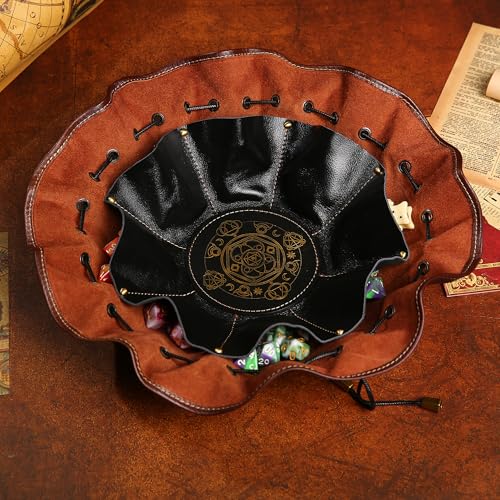 Full-Grain Leather Dice Pouch with Built-in Rolling Tray, Magic-Themed, Large Capacity Collector's Organizer for D&D, RPGs & Dice Enthusiasts