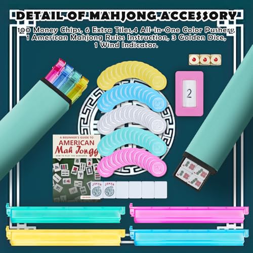 American Mahjong Tile Set, 166 White Tiles with Bag and Accessories | 4 All-in-One Color Pusher and Racks, Mah jongg Sets with 3 Golden Dics (Ma Jong) (Light Green)