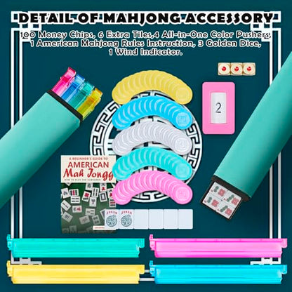 American Mahjong Tile Set, 166 White Tiles with Bag and Accessories | 4 All-in-One Color Pusher and Racks, Mah jongg Sets with 3 Golden Dics (Ma Jong) (Light Green)