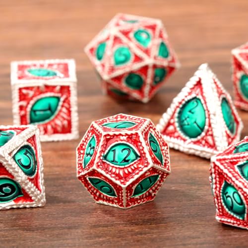Red Green Dragon Eyes Metal Dice Set, Cool 7 Pcs Polyhedral Dice with Bag, Board Game Accessory, Great Gifts for DND RPG Fans, Birthday Gifts for Him Men Women - color: Red Green Metal