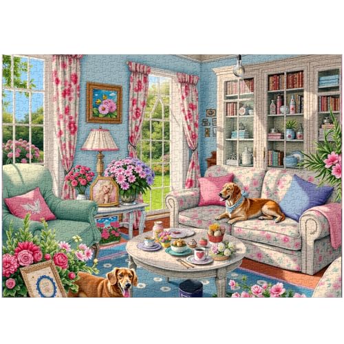 Living Room Puzzle 1000 Pieces for Adults, Flower Dog Jigsaw Puzzle, Challenging Floral Room Puzzle as Wall Decor