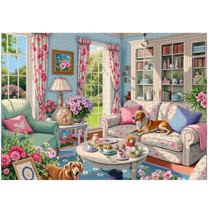 Living Room Puzzle 1000 Pieces for Adults, Flower Dog Jigsaw Puzzle, Challenging Floral Room Puzzle as Wall Decor