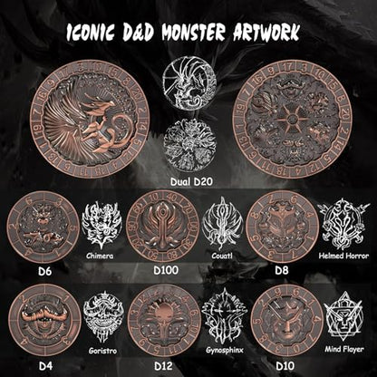 DNDND Copper 8-in-1 Spinner Dice with Dual D20 - Monster Themed Hexagonal Metal Dice for Dungeons and Dragons D&D, TTRPG with Collectible Gift Tin - color: Copper