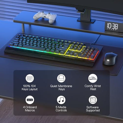 Redragon K525 RGB Backlit 104 Keys Wired Membrane Gaming Keyboard w/ 5 Multimedia Keys & 4 Extra On-Board Macro Keys, Dedicated Media Control, Ergonomic Wrist Rest, Linear Mechanical-Feel Switch - color: Black, size: 104 Keys Lite