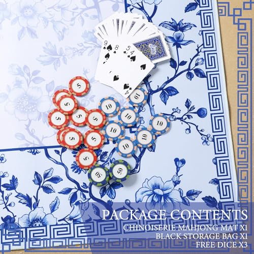 Chinoiserie Mahjong Mat with 1 Carrying Bag 31.5" x 31.5" Blue and White Rubber Anti Slip and Noise Reduction Multi Purpose Game Table Cover for Card, Board Tile Games - color: Blue