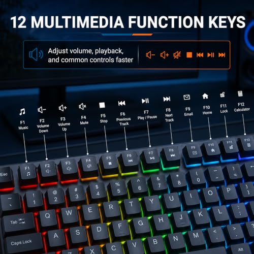 MANHATTAN RGB LED USB Gaming Keyboard - Full Size, Rainbow Backlight, Spill-Resistant, Quiet Keystrokes, 12 Multimedia Function Keys, for Computer, PC, Desktop, Gamer – 3 Yr Mfg Warranty - 180603 - color: Rainbow