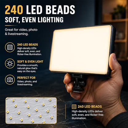 Professional LED Video Light Panel, Compatible with Sony ZV-1F, 240 LEDs, USB-C Rechargeable 4000mAh Battery, Adjustable Brightness & Color Temperature (Recording & Streaming)