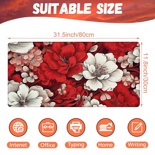 Desk Pad, Red and White Flowers Desk Mat, Retro Red Floral Large Gaming Mouse Pad, 31.5"x15.7" Extended Big Computer Keyboard Mouse Pad with Non-Slip Base and Stitched Edge - color: Red and White Flowers