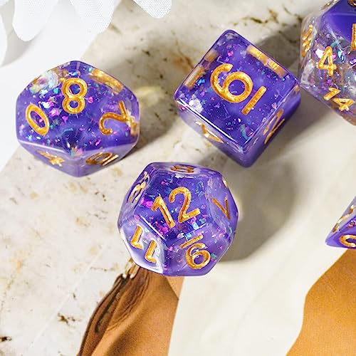 Purple DND Dice Set Foil Polyhedral Dice Set D&D for Tabletop Games | Leather Storage Bag, DM Gift, for Dungeons and Dragons Role Playing Games - color: Purple