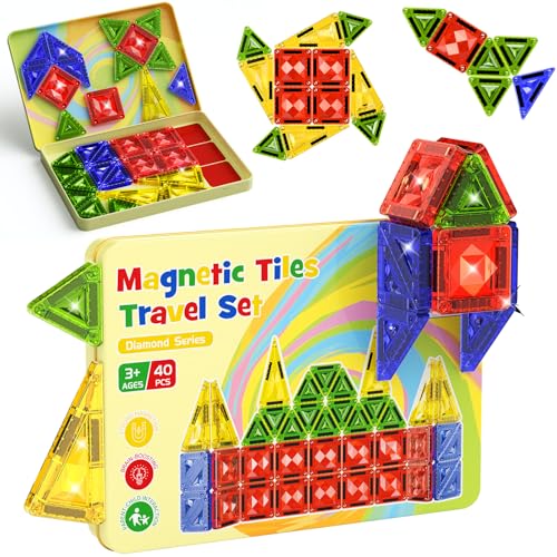 Mini Magnetic Tiles for Kids Travel: 40PCS Portable Building Blocks | Metal Storage Box & Visual Guide for 1-Minute Cleanup - Diamond Sparkle STEM Travel Toys for Toddlers Boys Girls Age 3-8 - style: Diamond Texture Mini Magnetic Tiles - 40 PCS