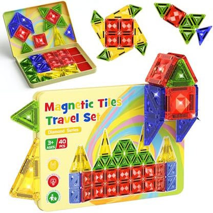Mini Magnetic Tiles for Kids Travel: 40PCS Portable Building Blocks | Metal Storage Box & Visual Guide for 1-Minute Cleanup - Diamond Sparkle STEM Travel Toys for Toddlers Boys Girls Age 3-8 - style: Diamond Texture Mini Magnetic Tiles - 40 PCS