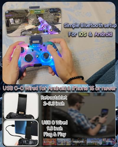 Wzuiсov Game Controller for Switch 1&2, iOS, Android, PC, TV, Tesla - Bluetooth & USB-C Wired Gamepad with Adjustable Star Lights, Phone Holder & USB Adapter - color: Red&Blue