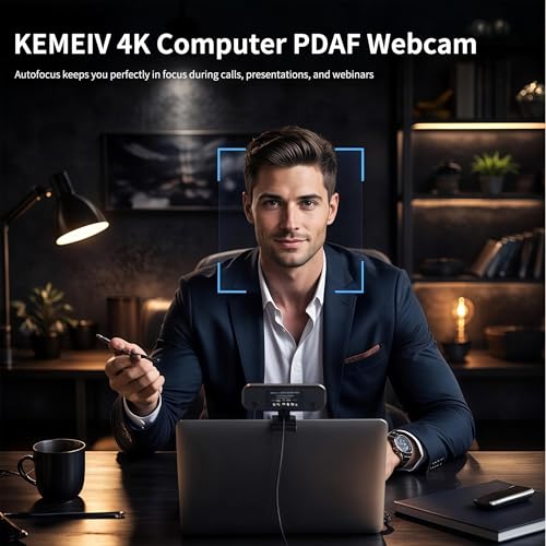 4K Webcam with Autofocus & Tripod, Camera for PC Laptop with Dual Microphone, USB Computer Camera with Low Light Correction, Auto White Balance, Video Camera for Streaming, Meetings, Office, Zoom - style: 4K-PDAF