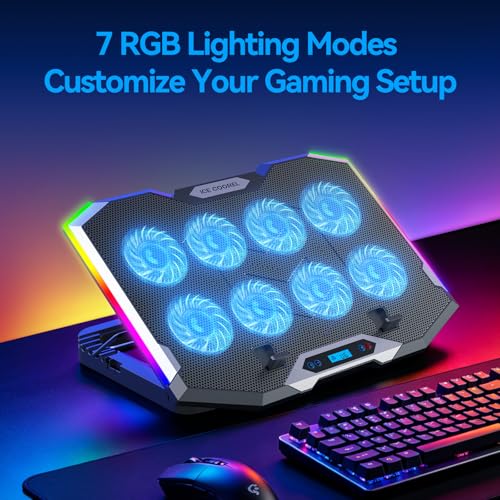 ICE COOREL Gaming Laptop Cooling Pad with 8 Cooling Fans, Laptop Fan Cooler Pad for 15-17.3 Inch, Notebook Cooler Stand with 6 Height Adjustable, RGB Cooling Pad with Two USB Port + Phone Stand - size: 8 Fans