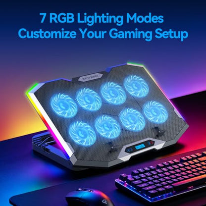 ICE COOREL Gaming Laptop Cooling Pad with 8 Cooling Fans, Laptop Fan Cooler Pad for 15-17.3 Inch, Notebook Cooler Stand with 6 Height Adjustable, RGB Cooling Pad with Two USB Port + Phone Stand - size: 8 Fans
